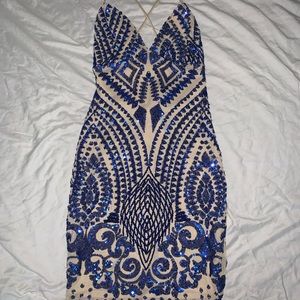 Nude mesh mini dress with blue sequin design